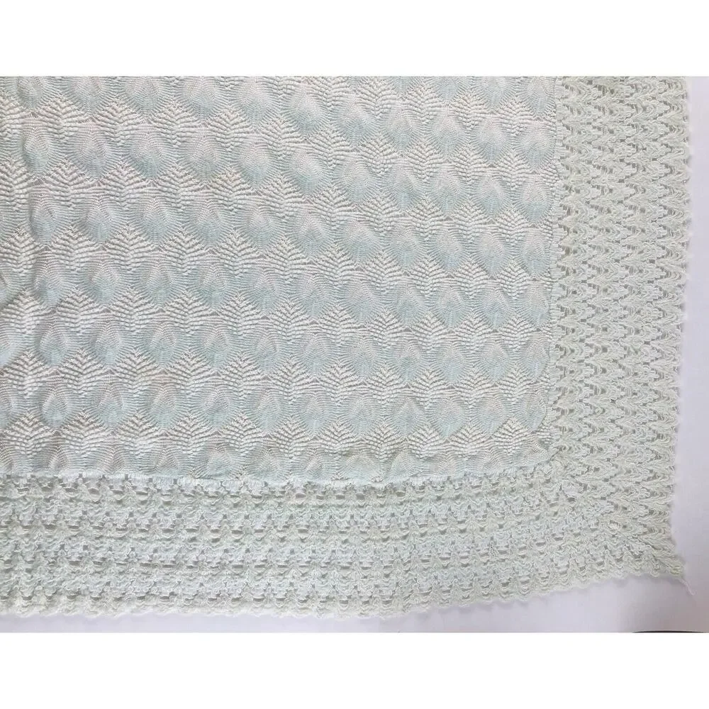 ANTIQUE BABY BLANKET DELICATE FINE 40 X 40 PALE MINT GREEN COVERLET PEACOCK VNTG